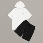 Romwe Guys Embroidery Bee Patched Hoodie Top & Drawstring Shorts Set