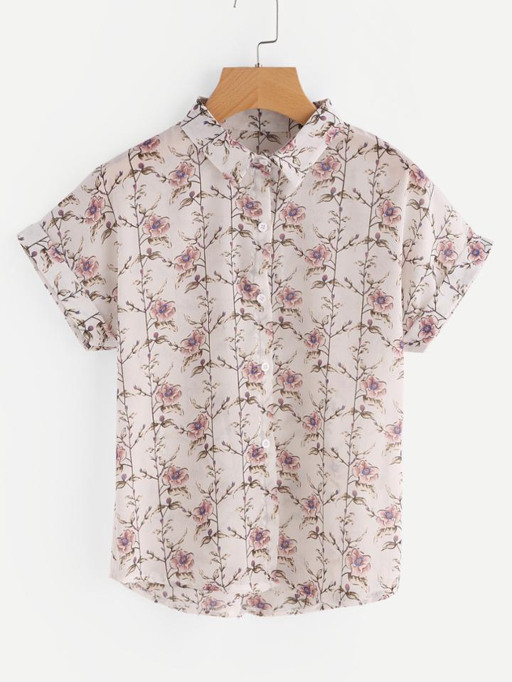 Romwe Floral Print Cuffed Chiffon Shirt