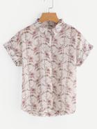 Romwe Floral Print Cuffed Chiffon Shirt