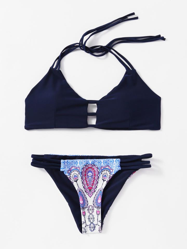 Romwe Ladder Cutout Halter Neck Bikini Set