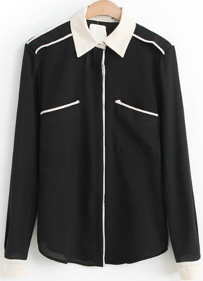 Romwe Contrast Lapel Chiffon Black Blouse