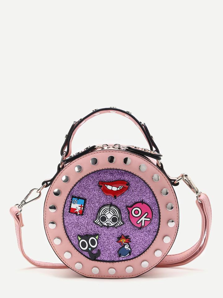 Romwe Pink Studded Trim Patch Detail Crossbody Bag