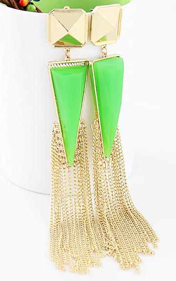 Romwe Green Rhinestone Colour Tassel Triangle Earrings