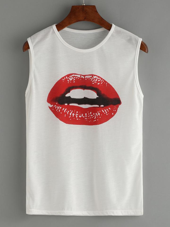 Romwe Lip Print Tank Top - White