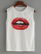 Romwe Lip Print Tank Top - White