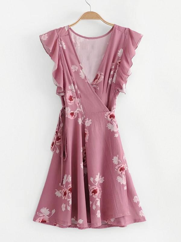 Romwe Surplice Neckline Ruffle Trim Florals Dress
