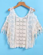Romwe With Tassel Floral Crochet Hollow Top
