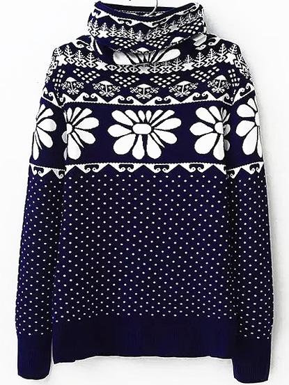 Romwe Turtleneck Polka Dot Print Blue Sweater
