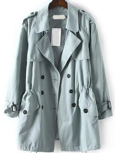 Romwe Lapel Drawstring Double Breasted Blue Coat