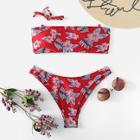 Romwe Lace-up Floral Top With High Cut Bikini Set