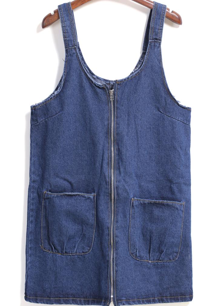 Romwe Sleeveless With Zipper Denim Dress