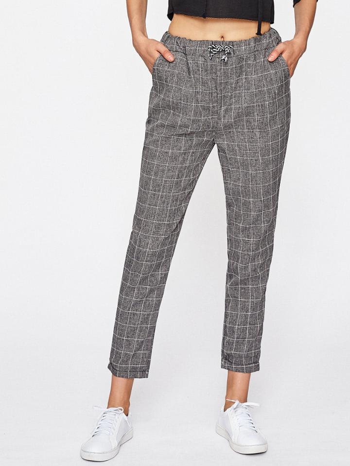 Romwe Checked Drawstring Waist Pants