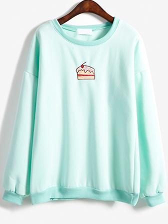 Romwe Round Neck Cake Embroidered Green Sweatshirt