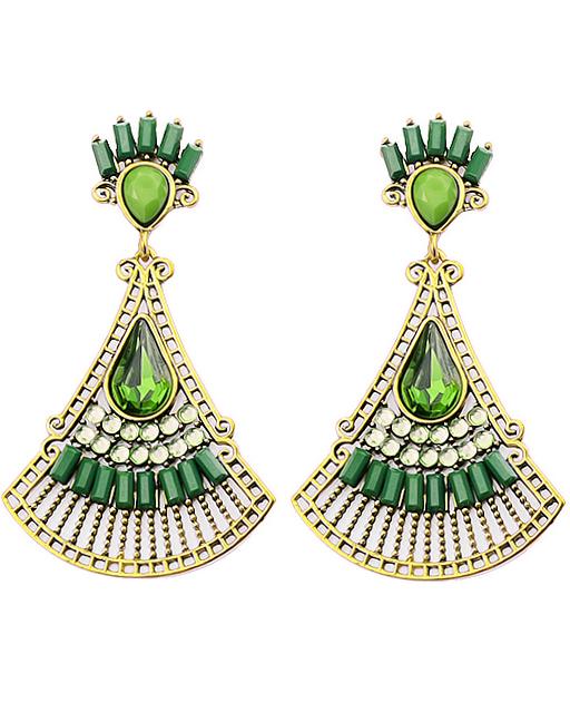 Romwe Green Fan-shaped Gemstone Gold Earrings