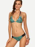 Romwe Contrast Trim Green Leopard Print Bikini Set