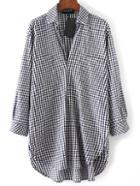 Romwe Black And White Plaid High Low Blouse With Pocket
