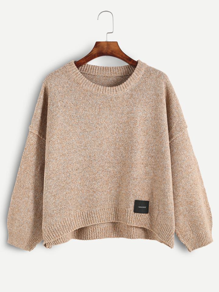 Romwe Dropped Shoulder Seam Dip Hem Patch Sweater