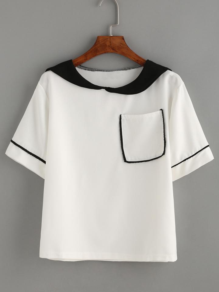 Romwe White Contrast Collar Pocket Sailor Blouse