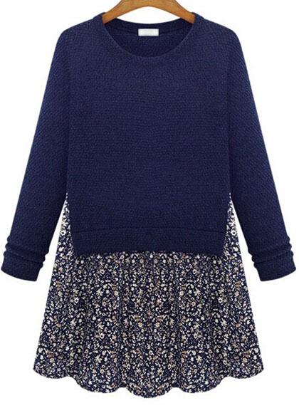 Romwe Contrast Floral Print Blue Dress