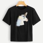 Romwe Sequin And Faux Fur Panel Horse Patched Tee