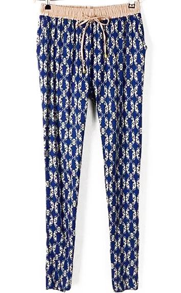 Romwe Drawstring Vintage Print Blue Pant