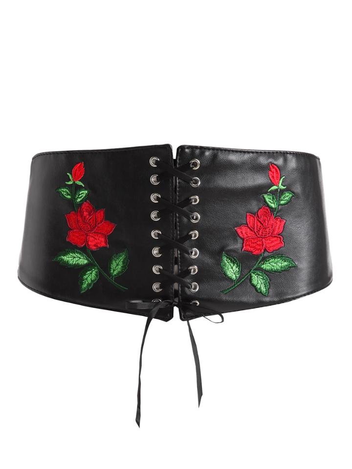 Romwe Rose Embroidery Lace Up Corset Belt