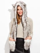 Romwe White And Grey Faux Fur Hood Hat With Pockets