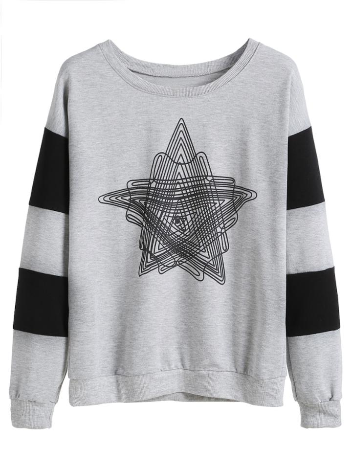 Romwe Grey Contrast Sleeve Star Print Drop Shoulder Sweatshirt