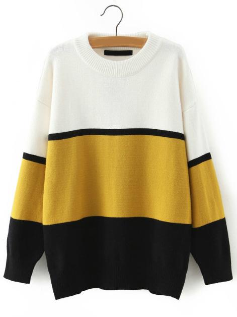 Romwe Women Crew Neck Yellow Black Striped Sweater