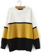 Romwe Women Crew Neck Yellow Black Striped Sweater