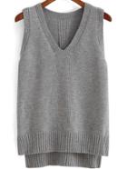 Romwe V Neck Knit Dip Hem Grey Tank Top