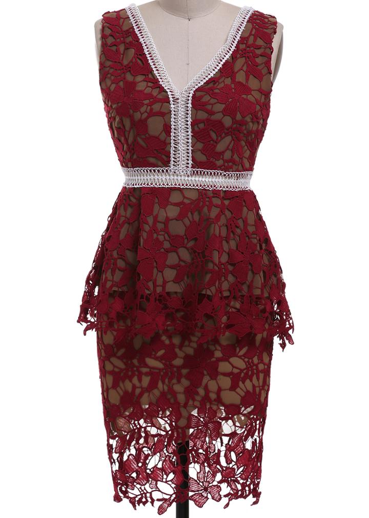 Romwe V Neck Back Zipper Top With Hollow Wine Red Skirt