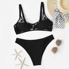 Romwe Mesh Panel Top With High Leg Bikini Set