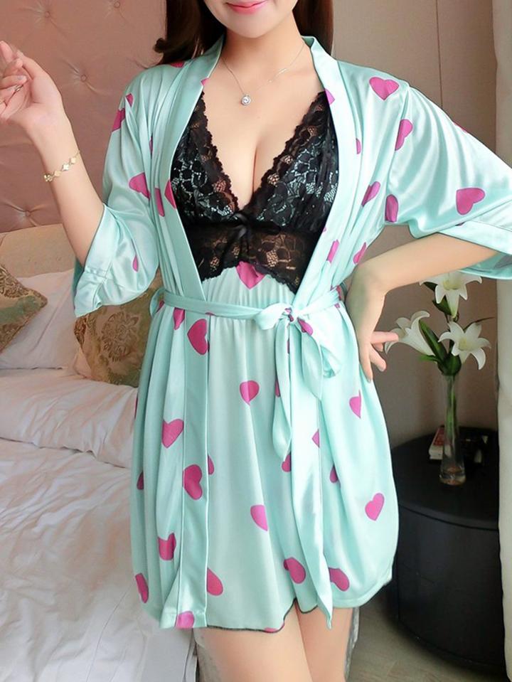 Romwe Heart Print Contrast Lace Dress With Robe