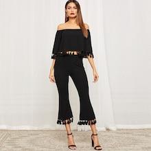 Romwe Bell Sleeve Tassel Hen Bardot Top & Flare Pants Set