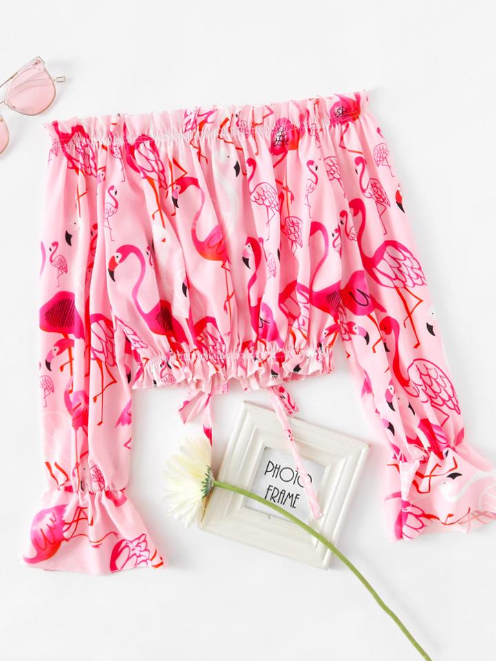 Romwe Off Shoulder Flare Sleeve Flamingo Print Random Top