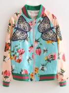 Romwe Multicolor Zipper Front Floral Embroidery Jacket