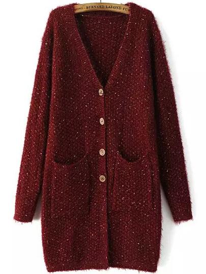 Romwe V Neck Pockets Button-down Wine Red Coat
