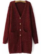 Romwe V Neck Pockets Button-down Wine Red Coat