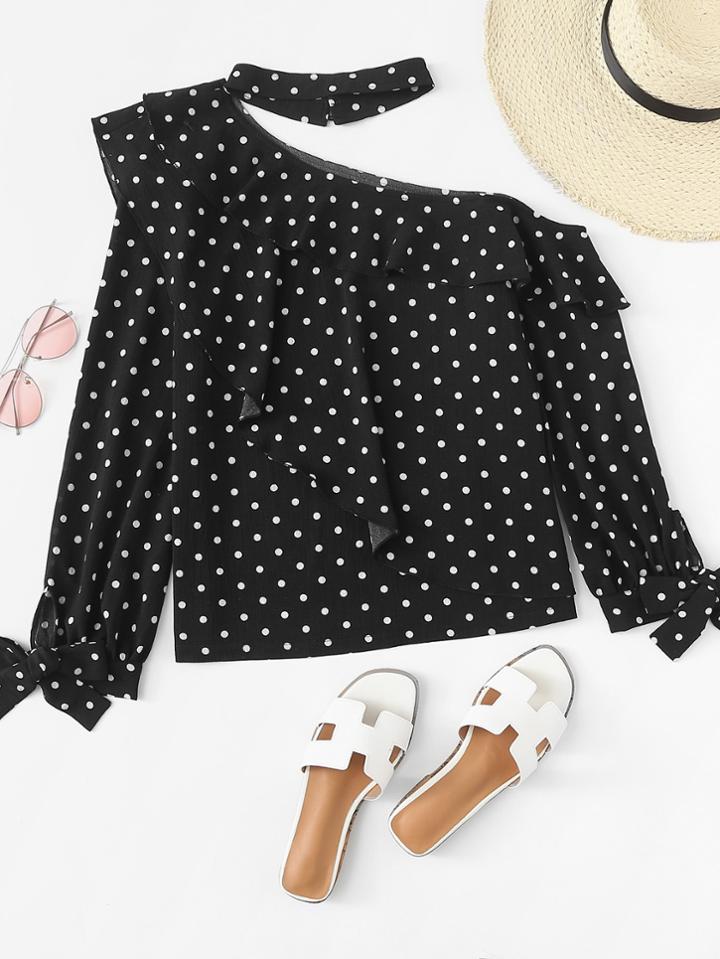 Romwe Asymmetrical Shoulder Ruffle Trim Polka Dot Top
