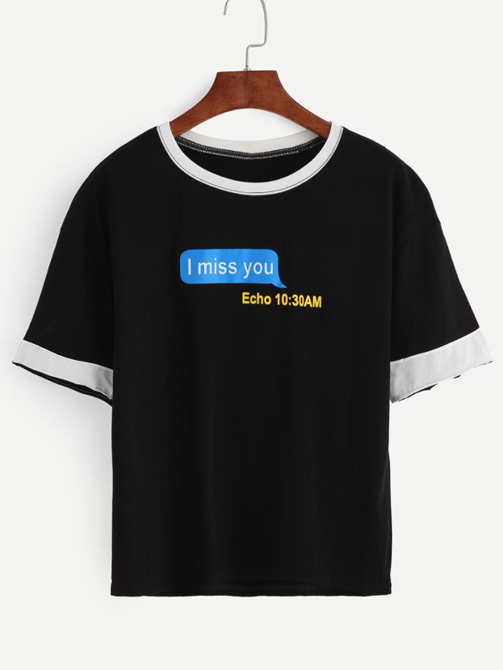 Romwe Black Slogan Print Contrast Trim T-shirt