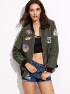 Romwe Olive Green Contrast Ribbed Trim Patched Bomber Jacket