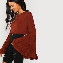 Romwe Tiered Bell Sleeve Solid Blouse