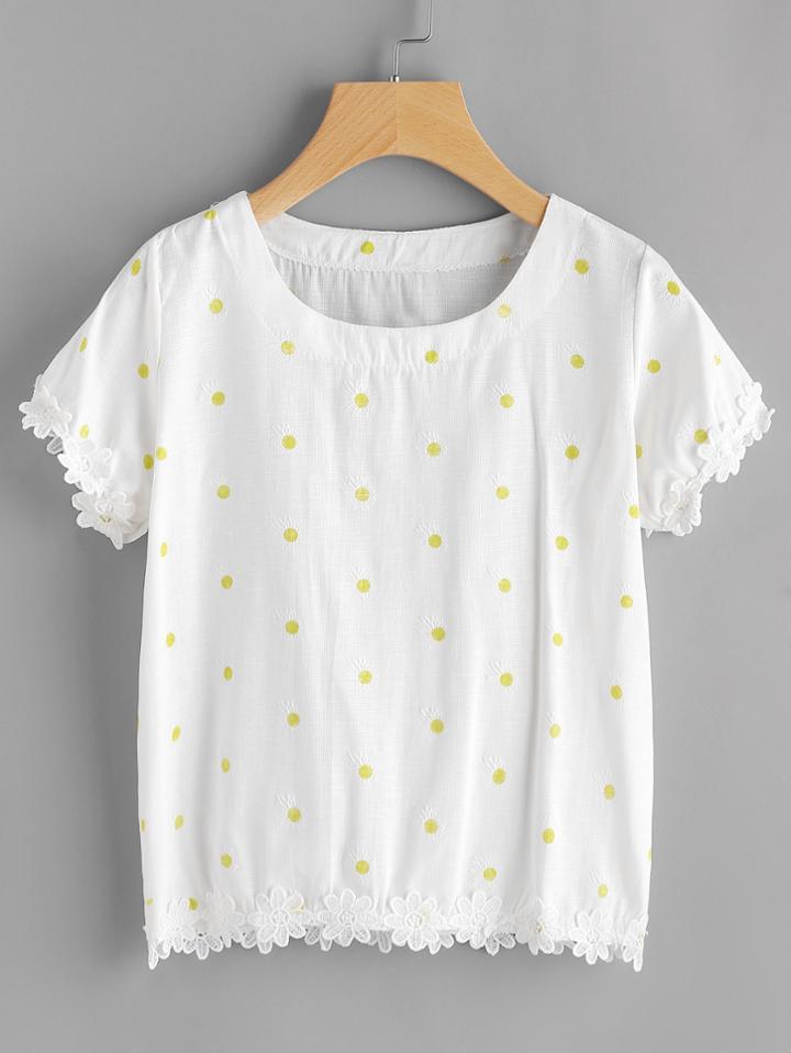 Romwe Polka Dots Flower Lace Hem Blouse