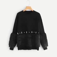 Romwe Rhinestone And Faux Fur Embellished Sweater