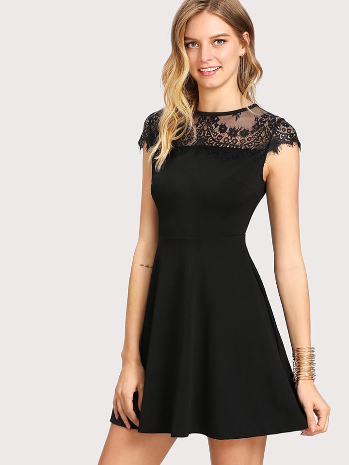 Romwe Lace Yoke Fit & Flare Dress