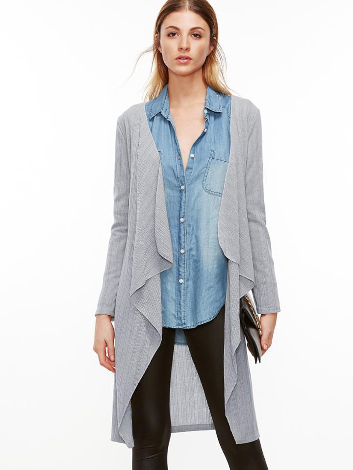 Romwe Light Grey Drape Front Long Cardigan