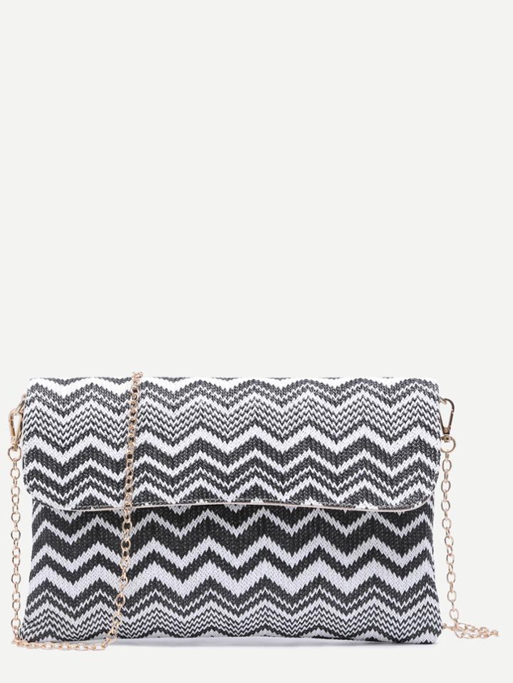 Romwe Black And White Chevron Straw Flap Chain Bag