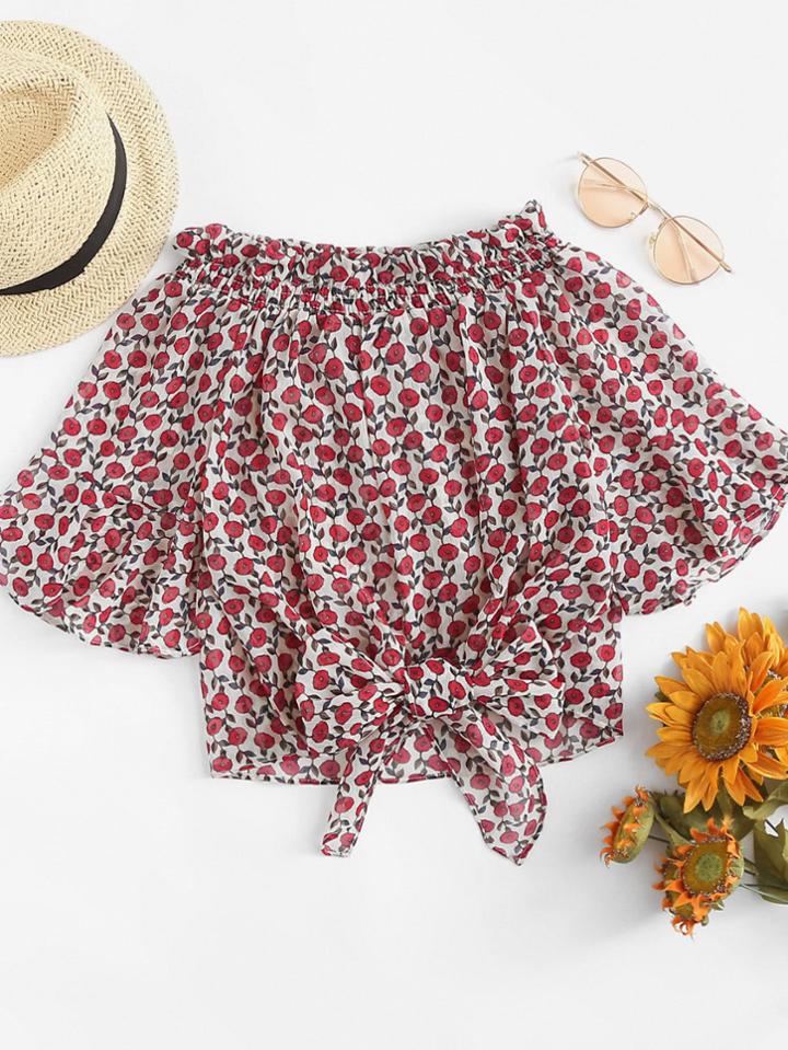 Romwe Off Shoulder Floral Print Knot Front Top