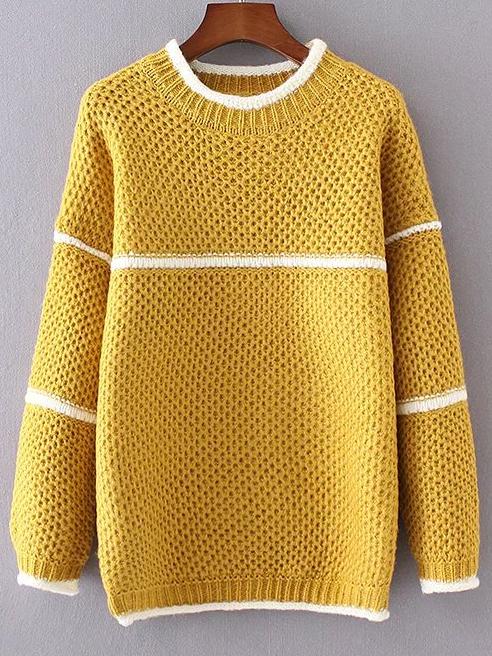 Romwe Yellow Contrast Striped Loose Sweater